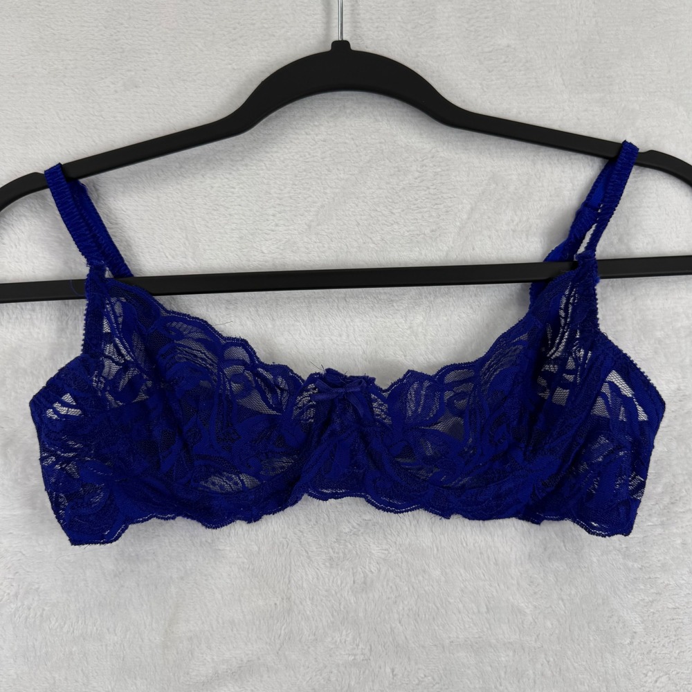 Vintage Victorias Secret Gold Label Blue Floral Lace Unlined Demi Bra 34B